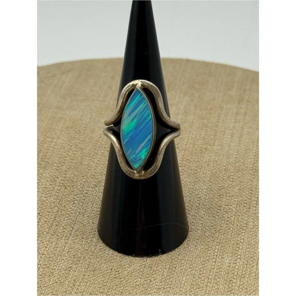 Lab created Blue Opal Marquise Ring